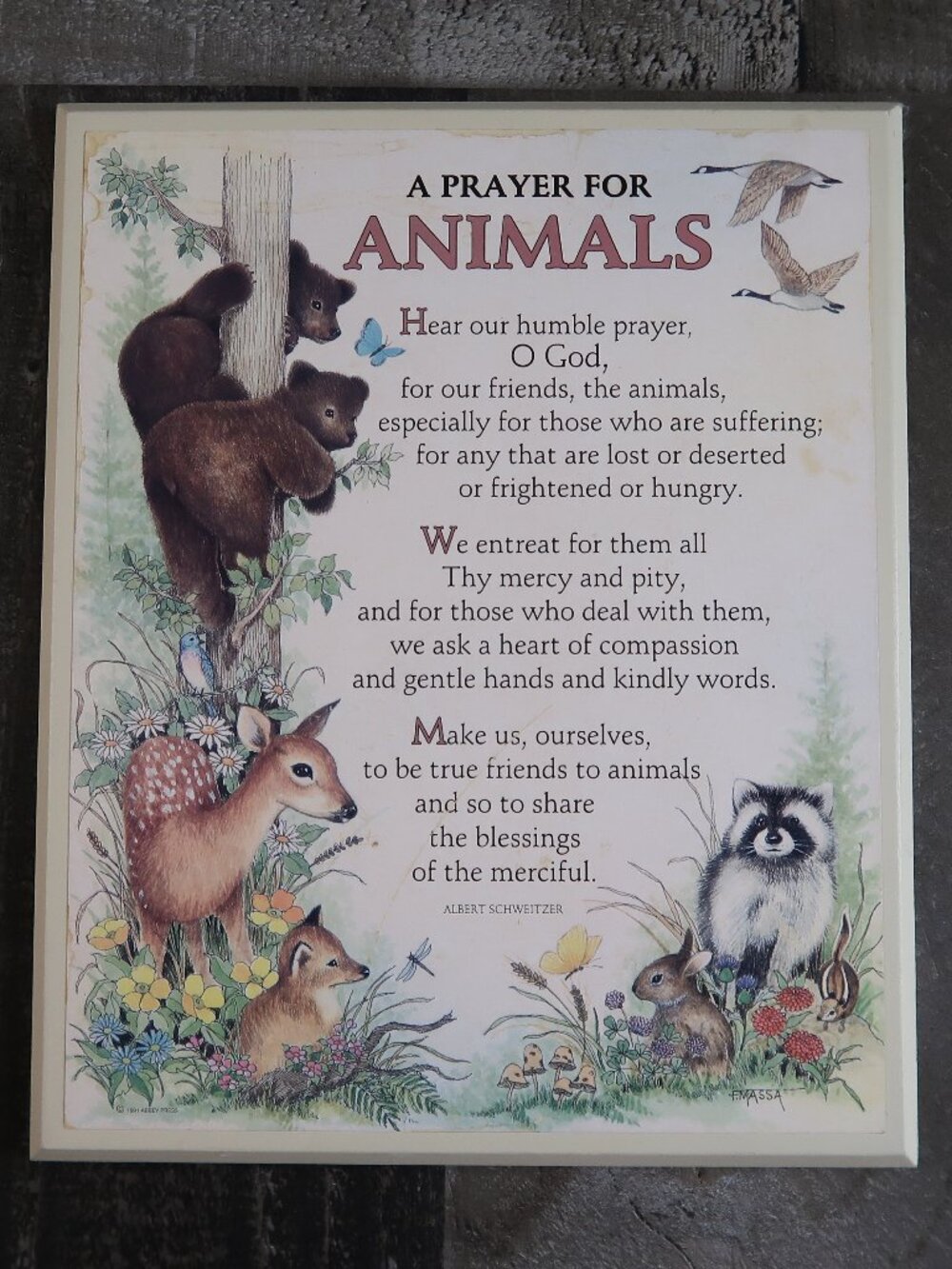 9 x 11 Wood Wall Plaque "A Prayer for Animals" Albert Schweizter F.Massa Art